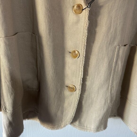 Zara Womens Oversized Linen Blend Fray Hem 3 Button Tan Beige Blazer Size XL NWT - Picture 4 of 9